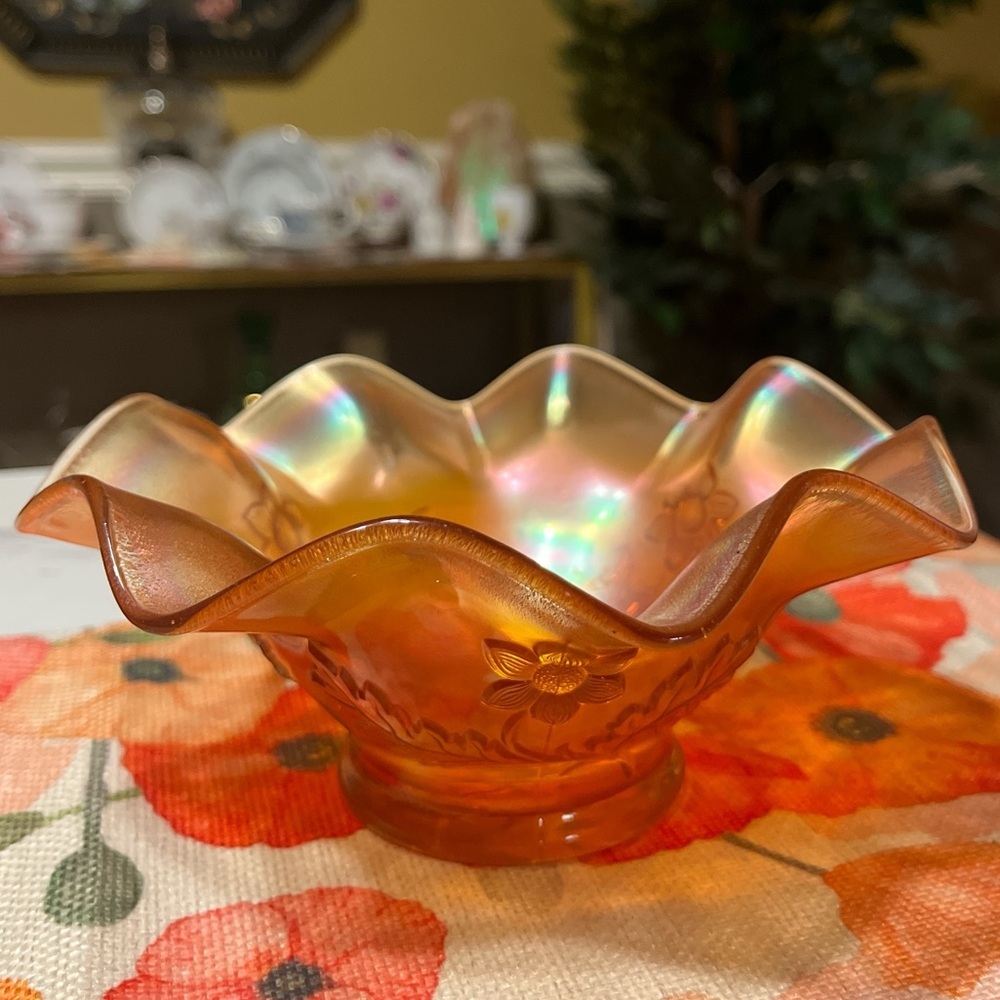Dugan Daisy Dear Peach Opalescent Carnival Glass Nappy Bowl Vintage